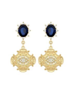 Gold Drop Earrings with Navy Blue Stone